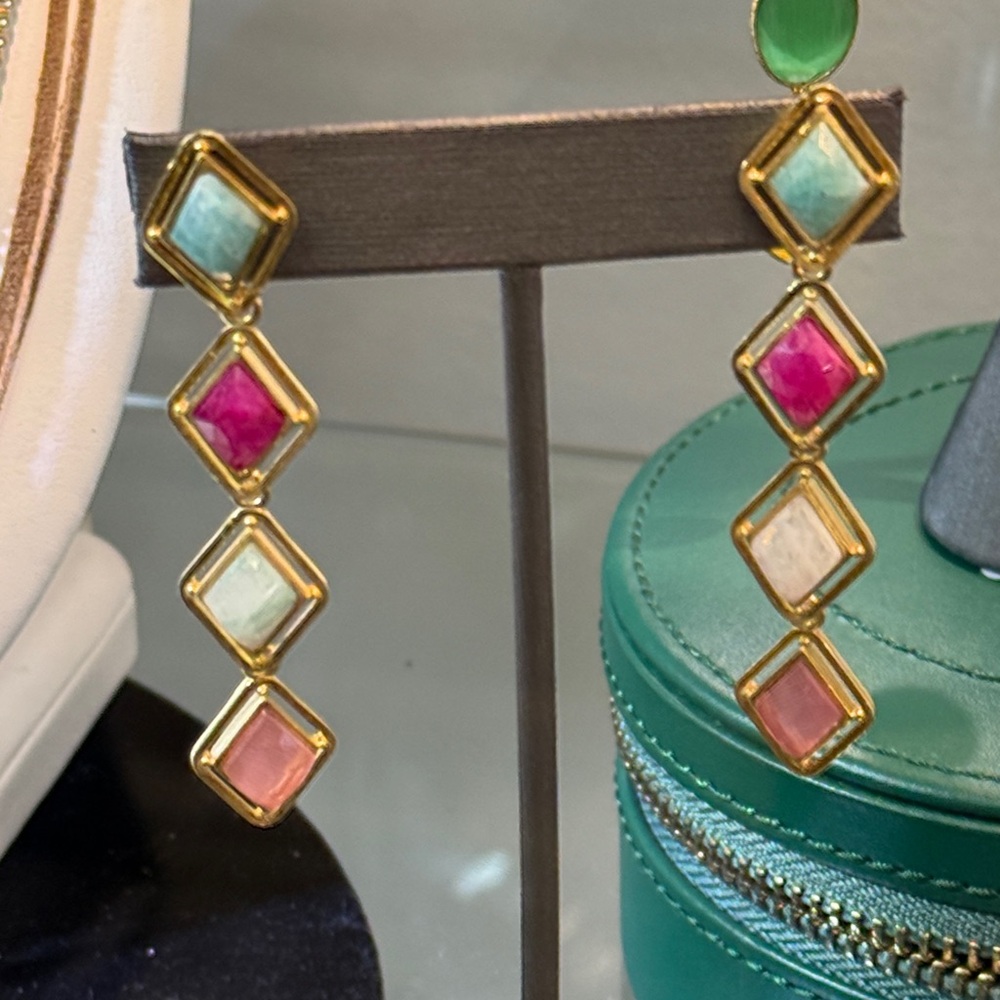 Multicolor Stone Drop Earrings in SS gold overlay